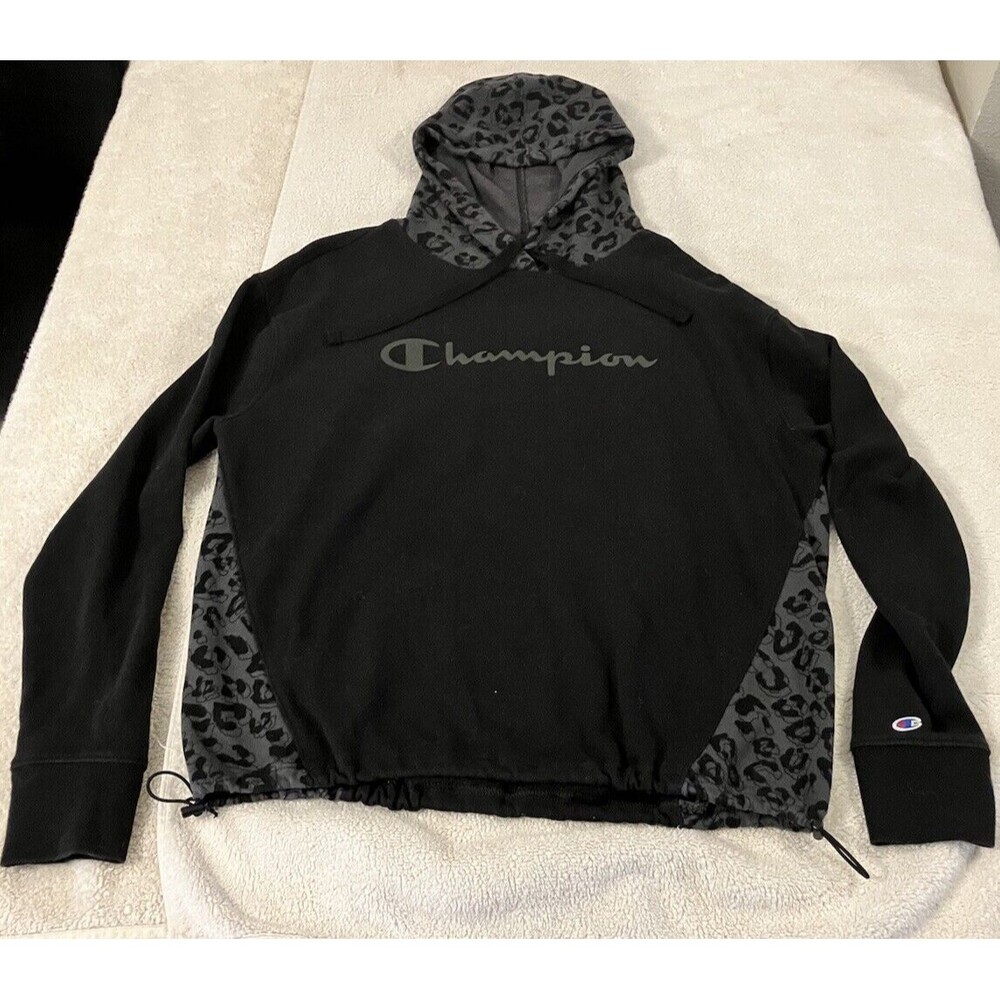 Champion Hoodie Black Casual Hooded Pullover Logo Sweatshirt Size Small